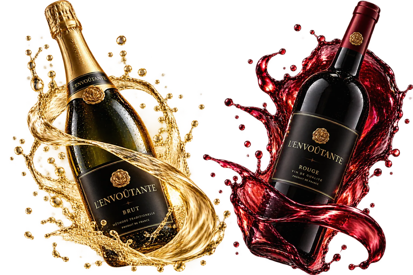L’ENVOÛTANTE Brut and Rouge bottles swept by golden and ruby wine splashes